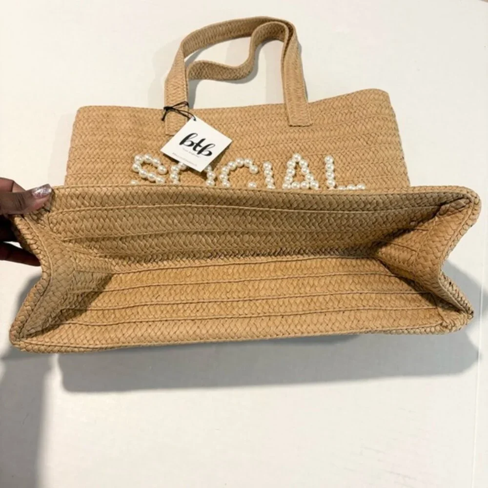 NWT Beyond the Beach Social Distancing Straw Tote Pearl Embellished Bag